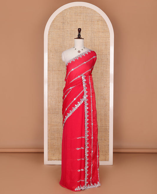 Red diamond stripes embroidered designer saree, scallop mirror embroidered border