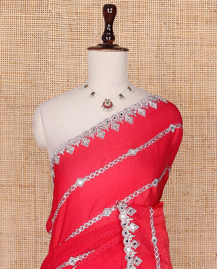 Red diamond stripes embroidered designer saree, scallop mirror embroidered border