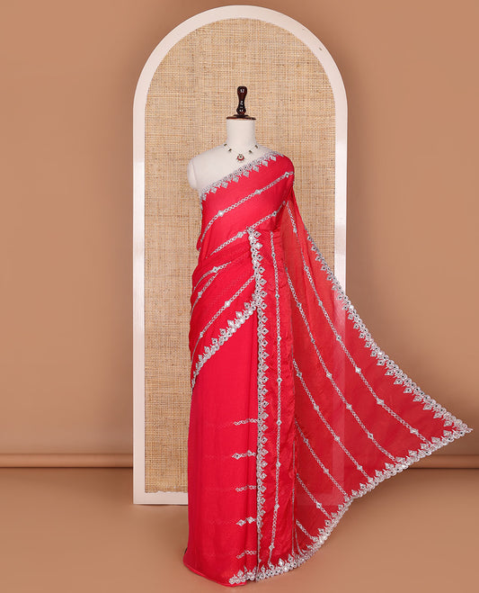 Red diamond stripes embroidered designer saree, scallop mirror embroidered border