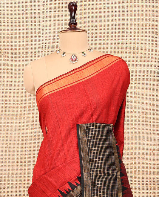 Red Dupion Silk Saree, Adorned with Buttas, Complemented by Contrast Temple-Checked Border, Temple Pallu, and a Contrast Blouse
