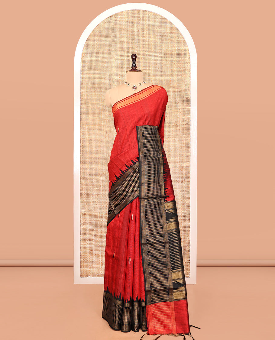 Red Dupion Silk Saree, Adorned with Buttas, Complemented by Contrast Temple-Checked Border, Temple Pallu, and a Contrast Blouse