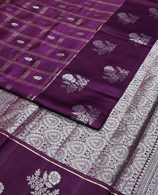Purple  checkered, floral motifs raw mango silk saree with self floral design border & jaal design pallu