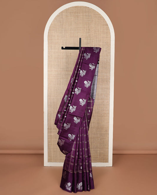Purple  checkered, floral motifs raw mango silk saree with self floral design border & jaal design pallu