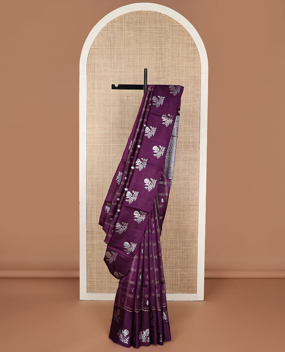 Purple  checkered, floral motifs raw mango silk saree with self floral design border & jaal design pallu