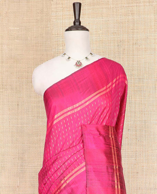 Pink Dupion Silk Saree, Complemented by Contrast Temple Border of Dobby-Style Buttas, Pallu Steeped with Dobby-Style Buttas, and Paired with a Contrast Blouse