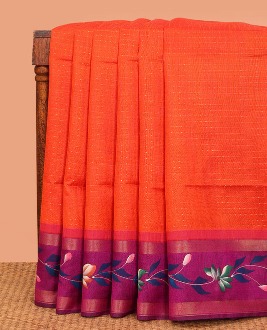 Orange dobbly-style buttas dupion saree, contrast painting-style floral creeper design border, and buttas pallu