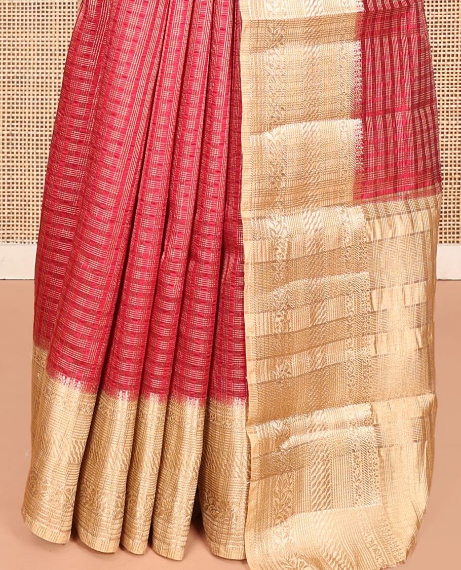 Red Semi-Banarasi Dupion Saree, Majestically Detailed with Zari Checks, a Contrast Traditional Zari Design Border, Striped Pallu, and a Contrast Blouse