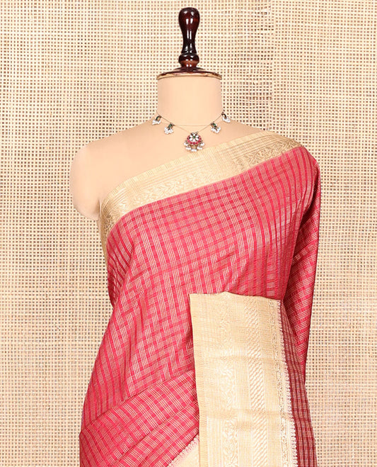 Red Semi-Banarasi Dupion Saree, Majestically Detailed with Zari Checks, a Contrast Traditional Zari Design Border, Striped Pallu, and a Contrast Blouse