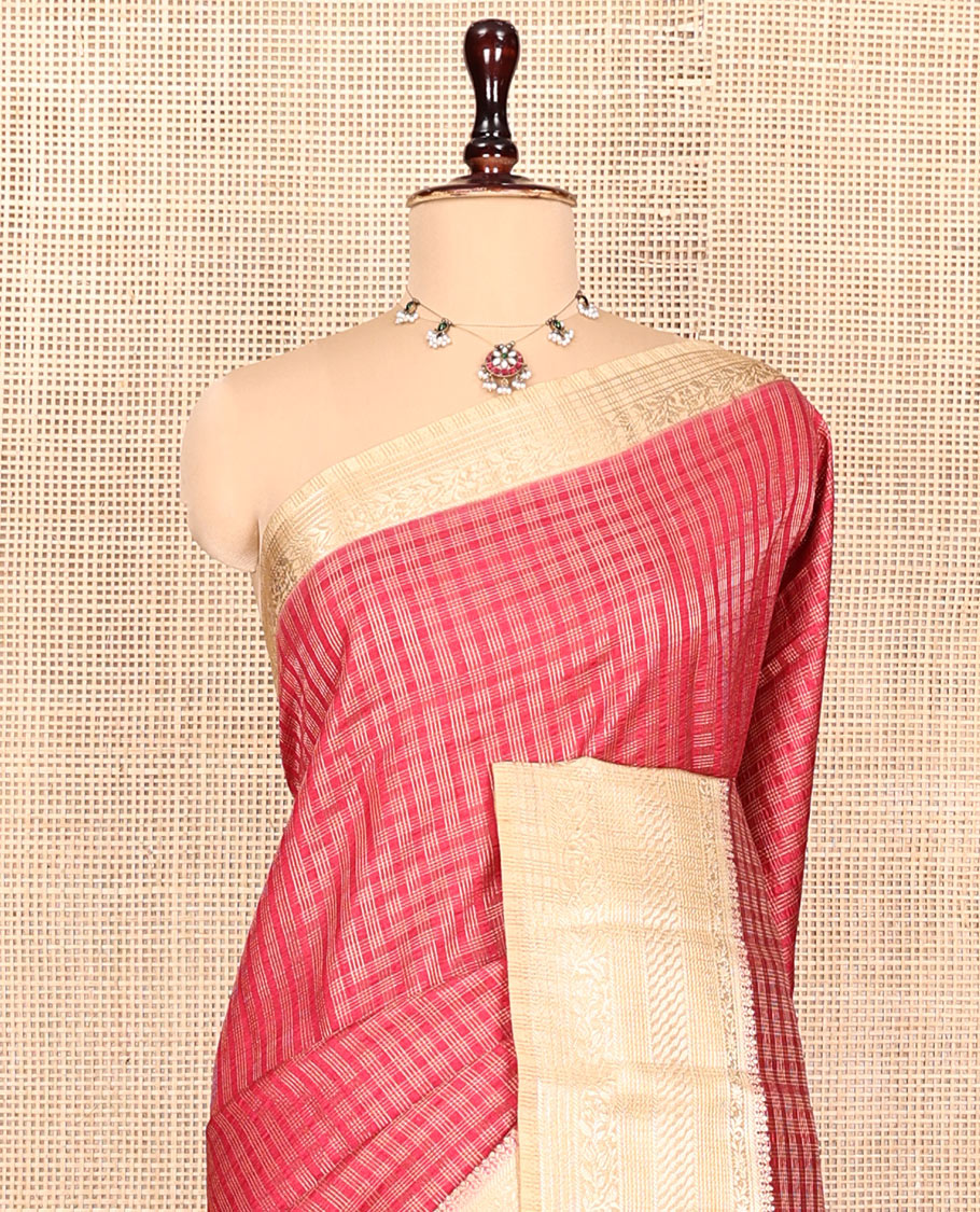 Red Semi-Banarasi Dupion Saree, Majestically Detailed with Zari Checks, a Contrast Traditional Zari Design Border, Striped Pallu, and a Contrast Blouse