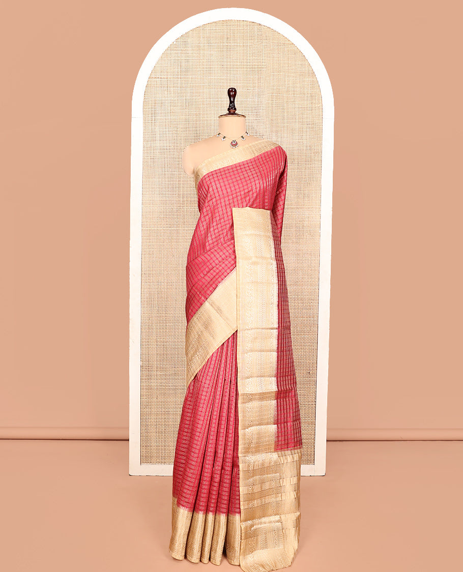Red Semi-Banarasi Dupion Saree, Majestically Detailed with Zari Checks, a Contrast Traditional Zari Design Border, Striped Pallu, and a Contrast Blouse