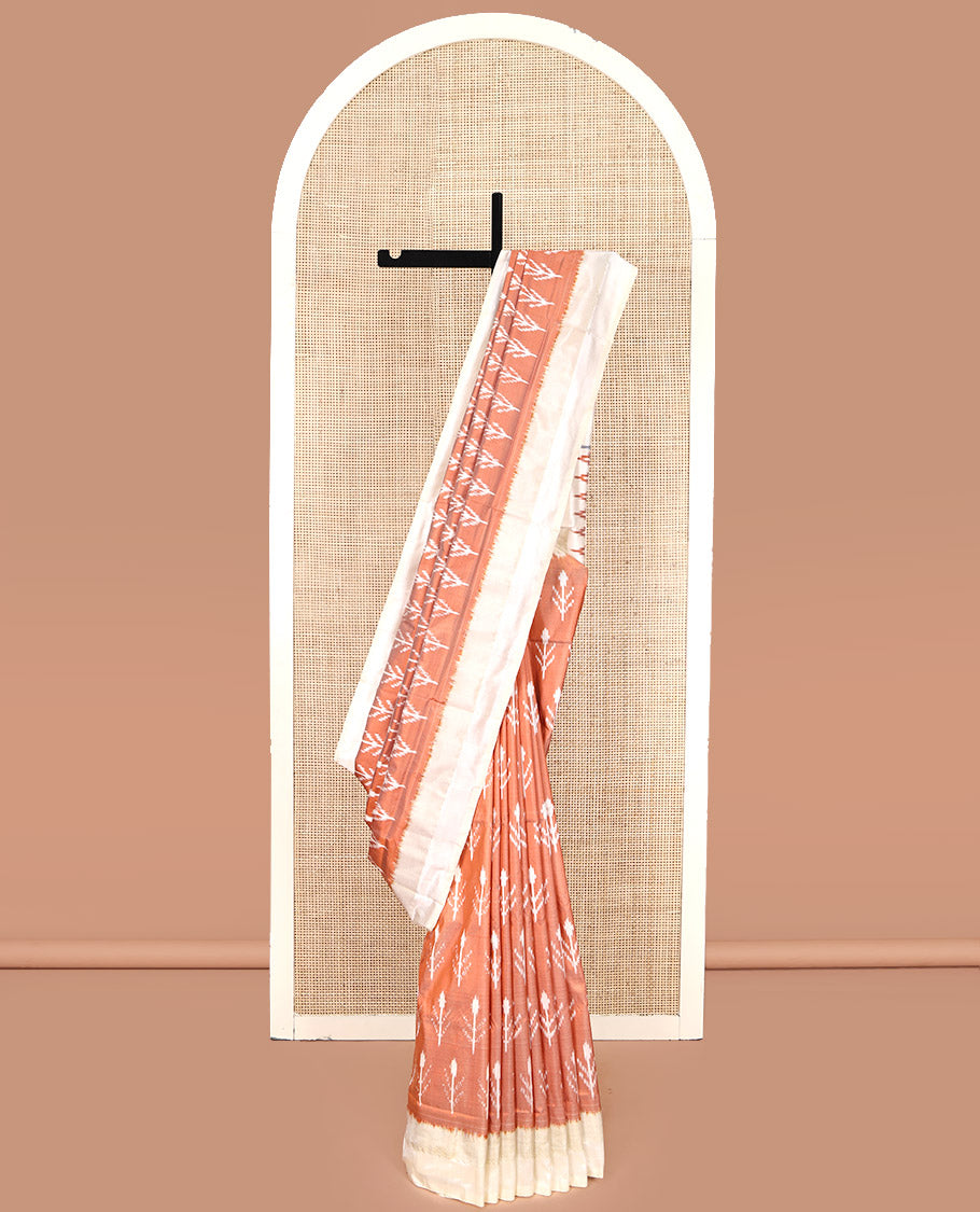 Peach Pochampally Ikat Silk Saree, Subtly Sparkled with Floral Ikkat Buttas on Its Body, Complemented by a Contrast Border, Pallu of Jaal-Pattern in Ikkat Weave, and Paired with a Contrast Blouse