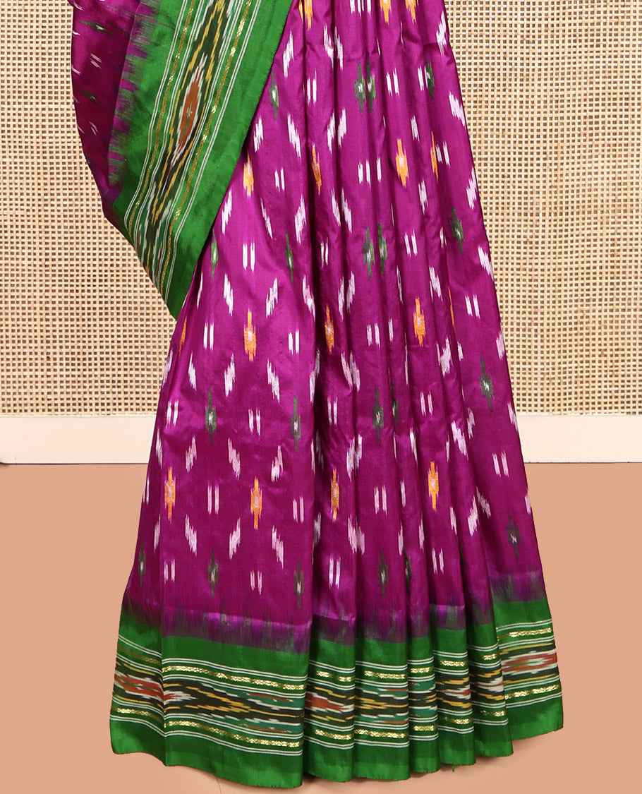 Purple Pochampally Ikat Silk Saree, Elevated with Ikat Buttas, Complemented by a Contrast Ikat Border, Ikat-Style Pallu, and No Blouse