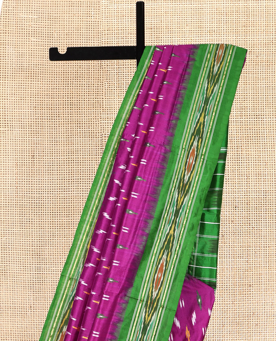 Purple Pochampally Ikat Silk Saree, Elevated with Ikat Buttas, Complemented by a Contrast Ikat Border, Ikat-Style Pallu, and No Blouse