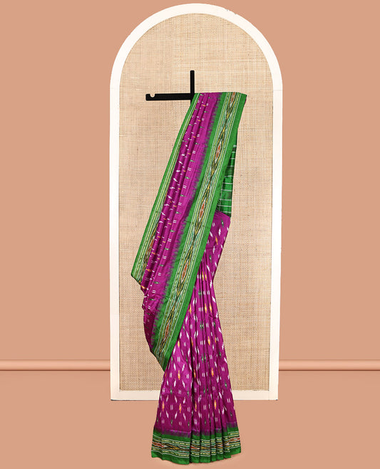 Purple Pochampally Ikat Silk Saree, Elevated with Ikat Buttas, Complemented by a Contrast Ikat Border, Ikat-Style Pallu, and No Blouse