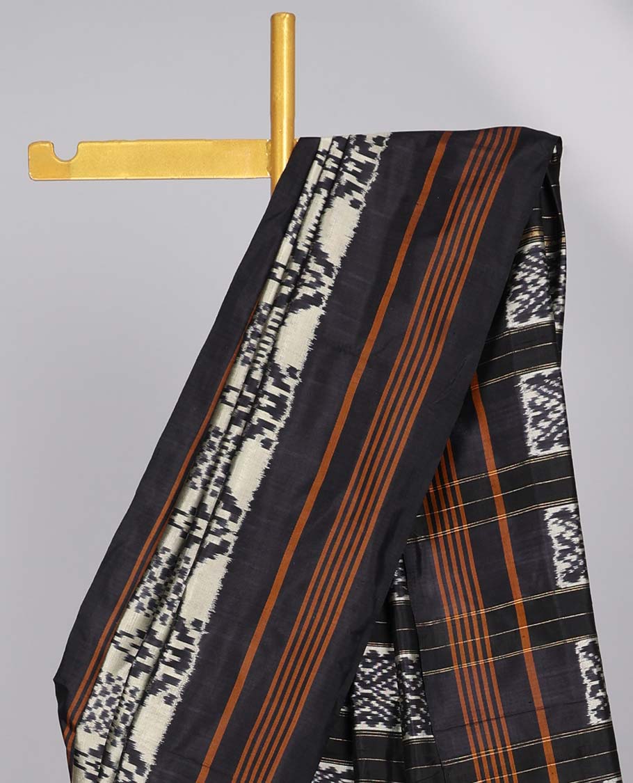 Grey ogee design ikkat silk saree with contrast striped border & striped, intricate design pallu