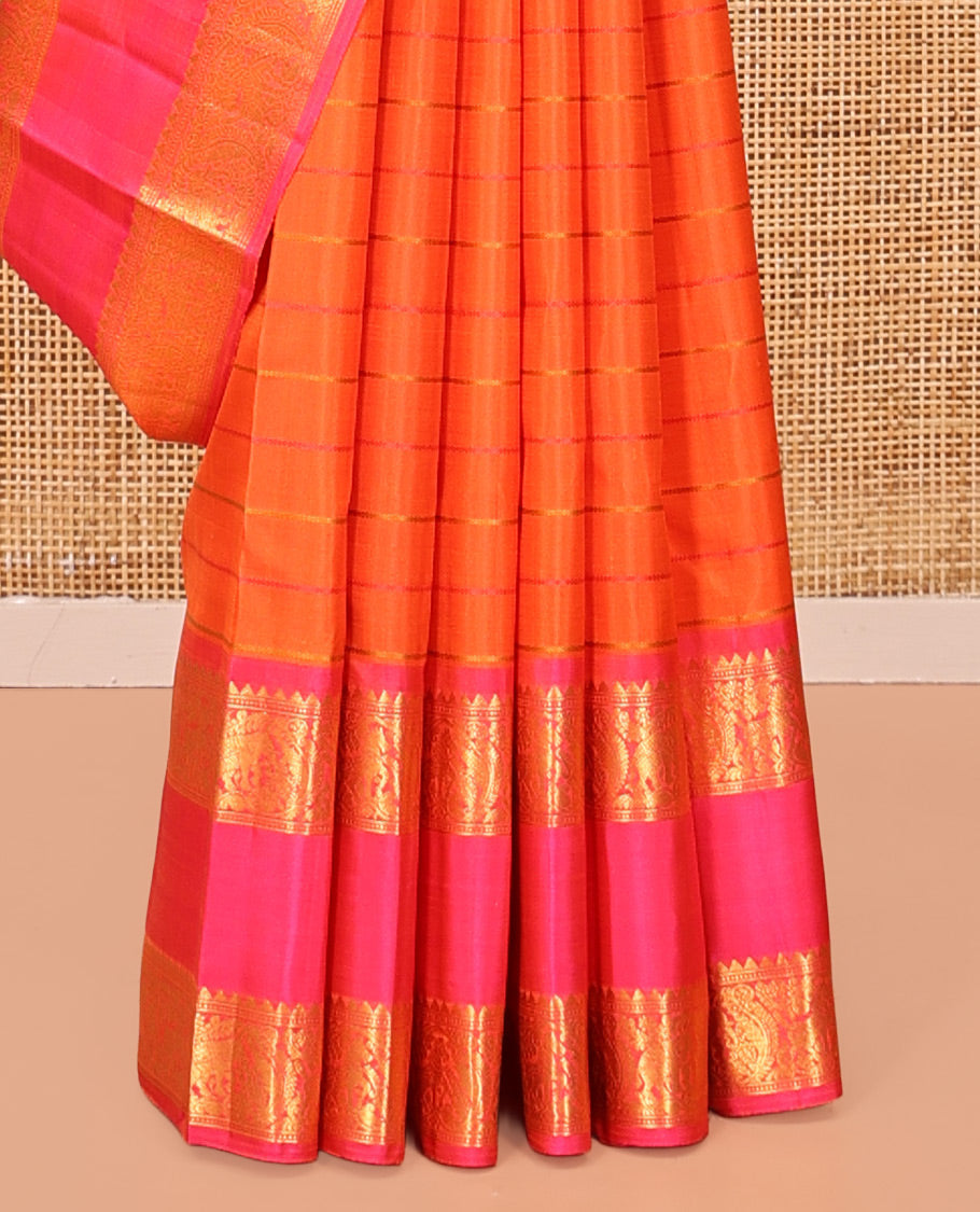 Orange Striped Kanchipuram Silk Saree, Complemented by a Contrast Rettai Pettu Border of Rekku, Mayil,  and Kuthirai Designs, Floral Jaal Pallu, and Contrast Blouse