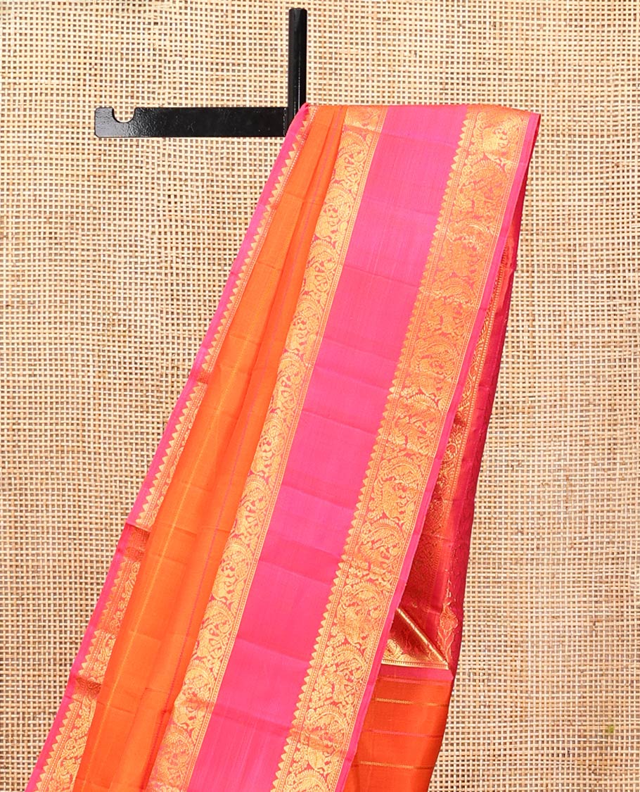 Orange Striped Kanchipuram Silk Saree, Complemented by a Contrast Rettai Pettu Border of Rekku, Mayil,  and Kuthirai Designs, Floral Jaal Pallu, and Contrast Blouse