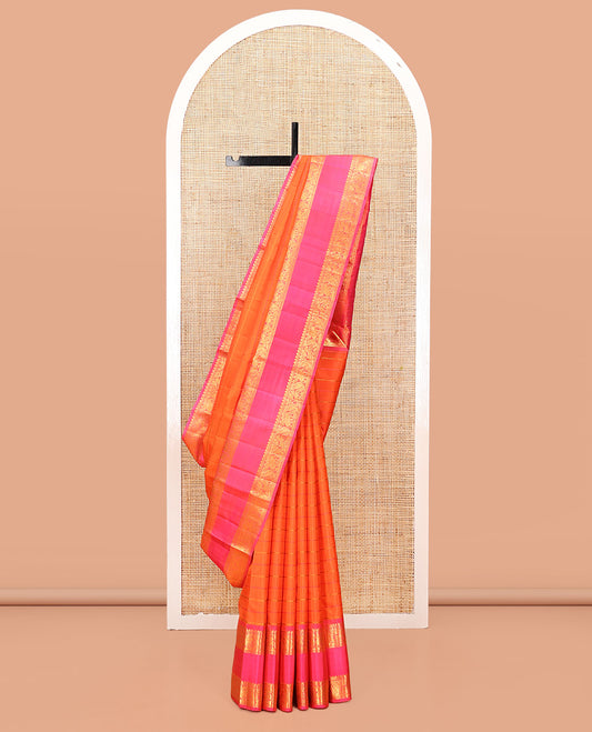 Orange Striped Kanchipuram Silk Saree, Complemented by a Contrast Rettai Pettu Border of Rekku, Mayil,  and Kuthirai Designs, Floral Jaal Pallu, and Contrast Blouse