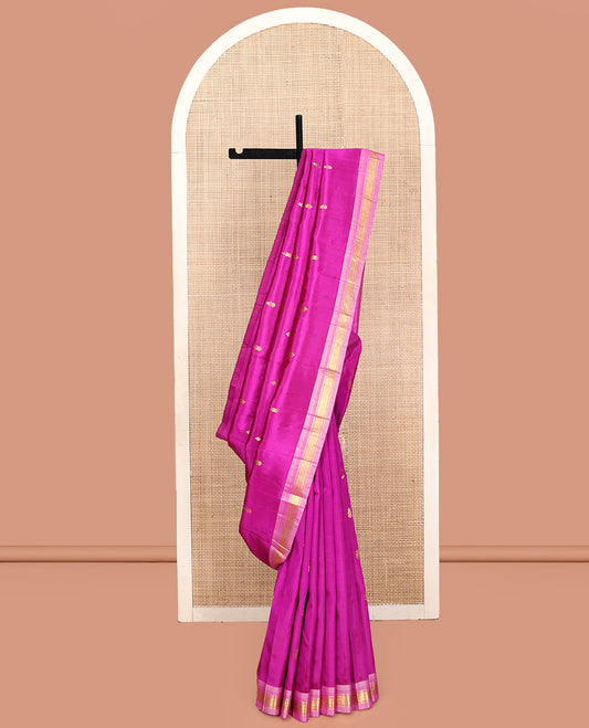 Pink Kanchipuram Silk Saree, Enriched with Zari Buttas, Contrast Korvai Border of Banaras, and Mayil Kann, Zari Design Pallu, and No Blouse