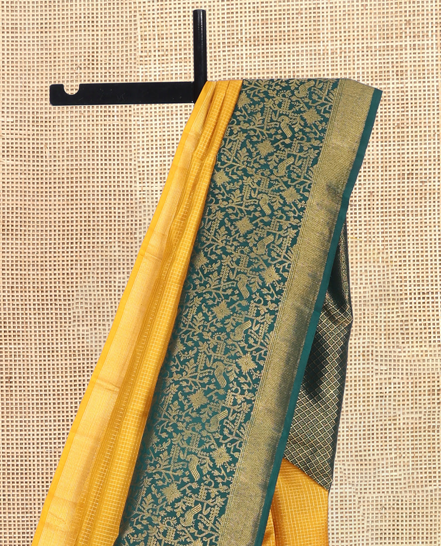 Yellow Micro-Checked Kanchipuram Silk Saree, Complemented by a Contrast Korvai Paithani-Style Border, Grand Jaal Pallu, and Contrast Blouse