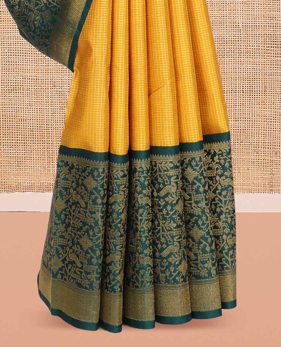 Yellow Micro-Checked Kanchipuram Silk Saree, Complemented by a Contrast Korvai Paithani-Style Border, Grand Jaal Pallu, and Contrast Blouse