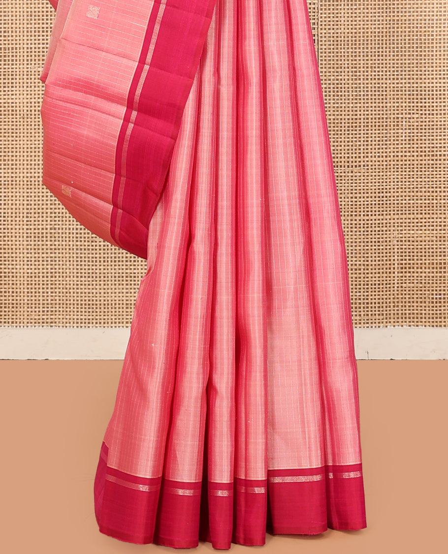 Pink Kanchipuram Silk Saree, Subtly Sparkled with Checks and Buttas, Complemented by a Contrast Border, Grand Jaal Pallu, and a Contrast Blouse