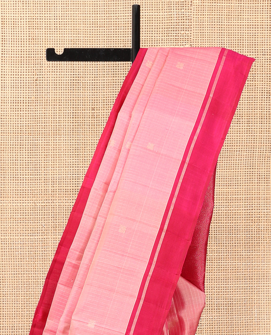 Pink Kanchipuram Silk Saree, Subtly Sparkled with Checks and Buttas, Complemented by a Contrast Border, Grand Jaal Pallu, and a Contrast Blouse