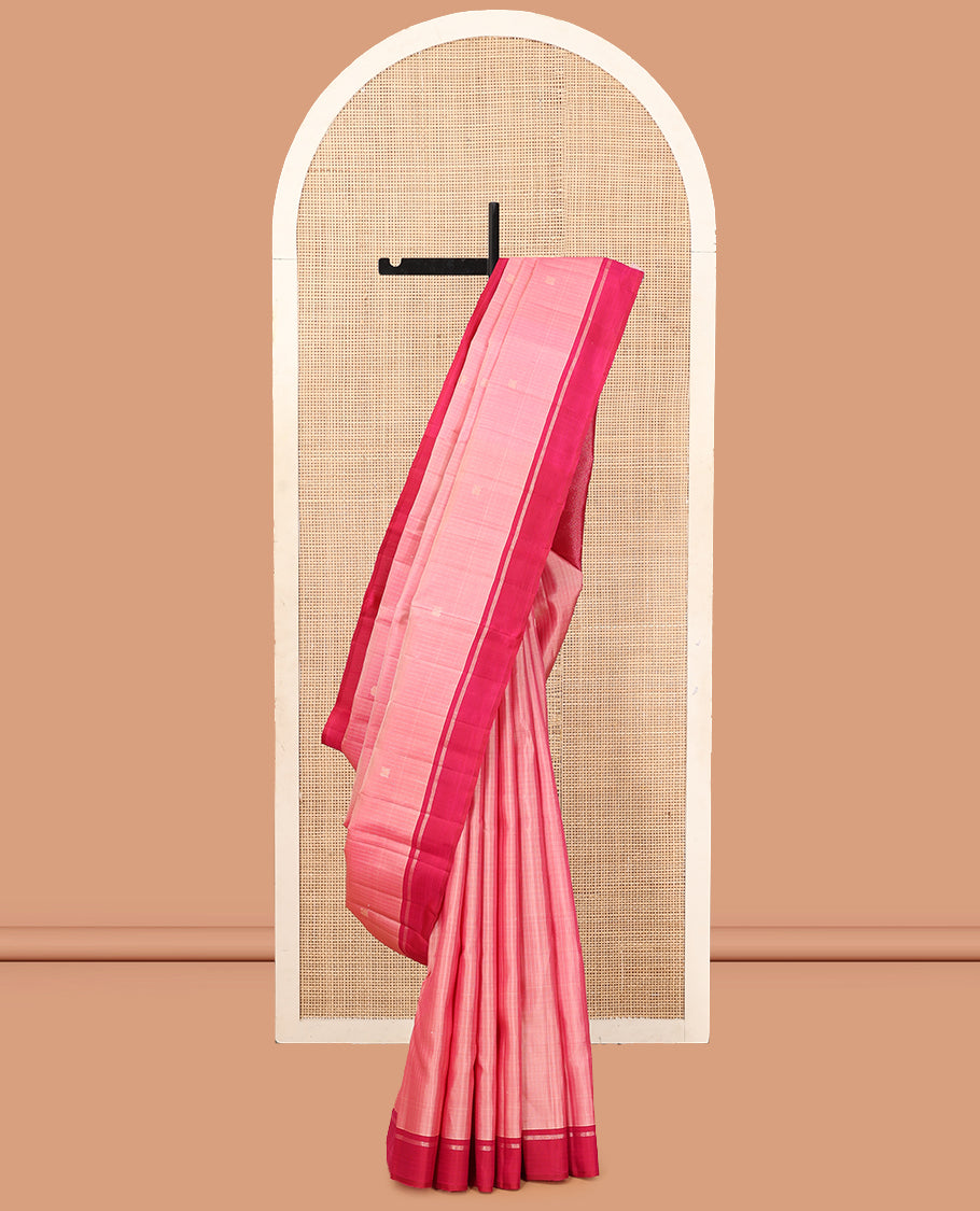 Pink Kanchipuram Silk Saree, Subtly Sparkled with Checks and Buttas, Complemented by a Contrast Border, Grand Jaal Pallu, and a Contrast Blouse