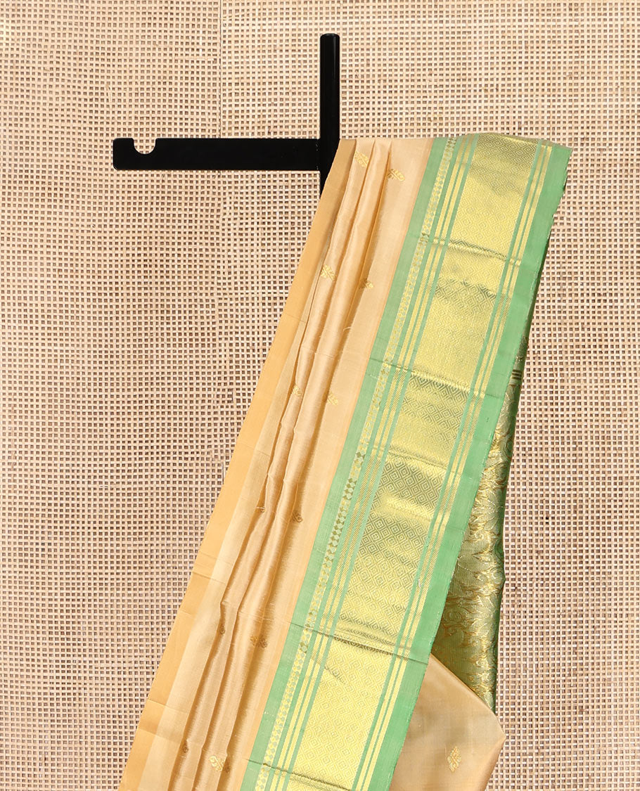 Sandal Kanchipuram Silk Saree, Sparsely Sparkled with Zari Buttas, Complemented by a Contrast One-Sided Border of Panner Sombu, Banaras, and Jaal, Floral Design Pallu, and No Blouse