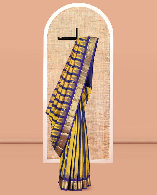 Yellow Kanchipuram Silk Saree, Crafted with Zari Buttas and Stripes, Highlighted by a One-Sided Zari Border of Thilakam Mokku, and Jaal Design, Zari Design Pallu, and a No Blouse
