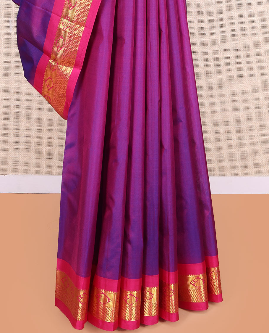 Violet Kanchipuram Silk Saree, Adorned with Zari Buttas, a Contrast Border of Rekku, Manga, Diamond and Mayil Kann Designs, Zari Design Pallu, and a Contrast Blouse
