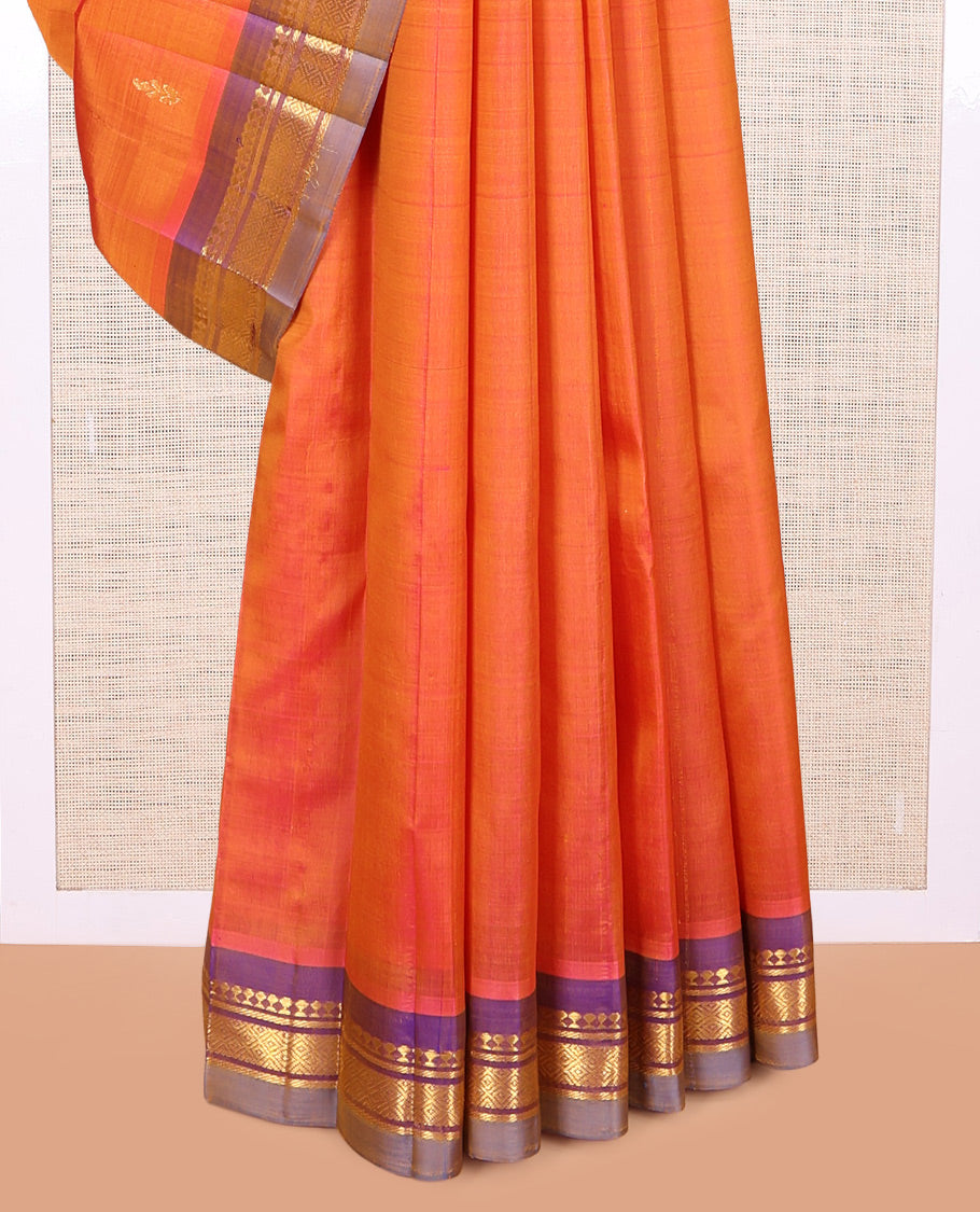 Rust Kanchipuram Silk Saree, Adorned with Zari Buttas, a Contrast One-sided Border of Panner Sombu, Banaras, and Jaal Designs, Zari Woven Pallu, and No Blouse