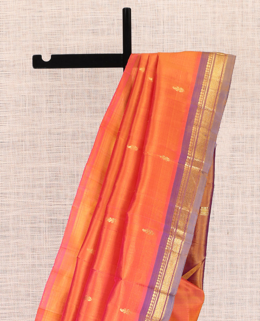 Rust Kanchipuram Silk Saree, Adorned with Zari Buttas, a Contrast One-sided Border of Panner Sombu, Banaras, and Jaal Designs, Zari Woven Pallu, and No Blouse