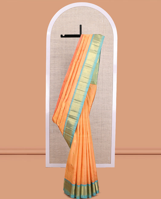 Orange Kanchipuram Silk Saree, Accentuated with Zari Buttas, a Contrast One-Sided Border of Banaras and Jaal Design, Zari Design Pallu, and No Blouse