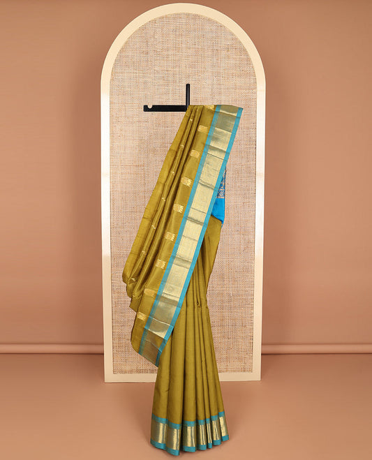 Green buttas kancheepuram silk saree with contrast korvai intricate zari design border & floral design pallu