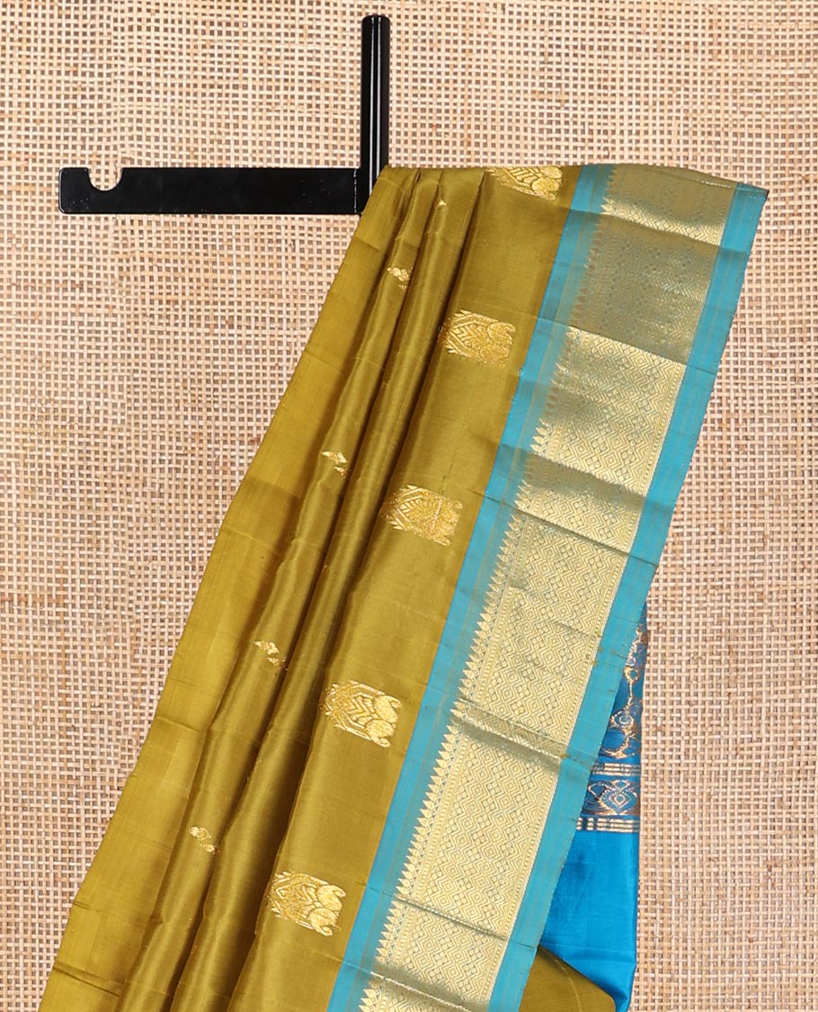 Green buttas kancheepuram silk saree with contrast korvai intricate zari design border & floral design pallu