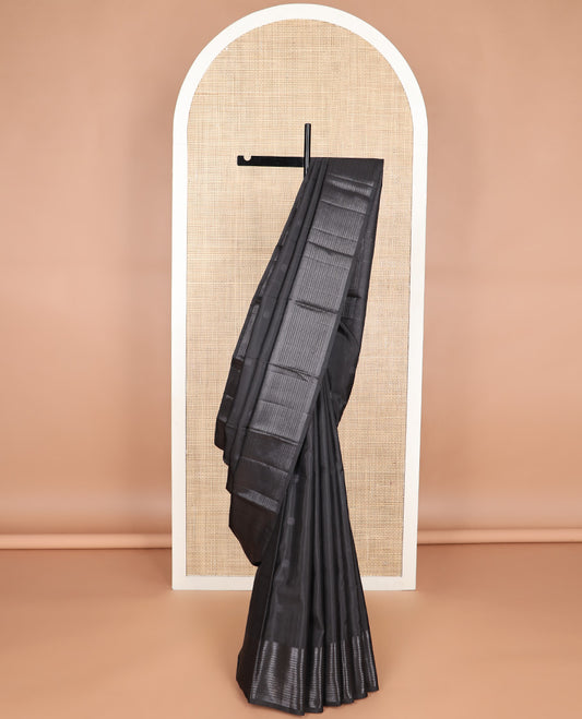 Black buttas kancheepuram silk saree with self border of thilakam mokku, muthu, banaras design & zari design pallu