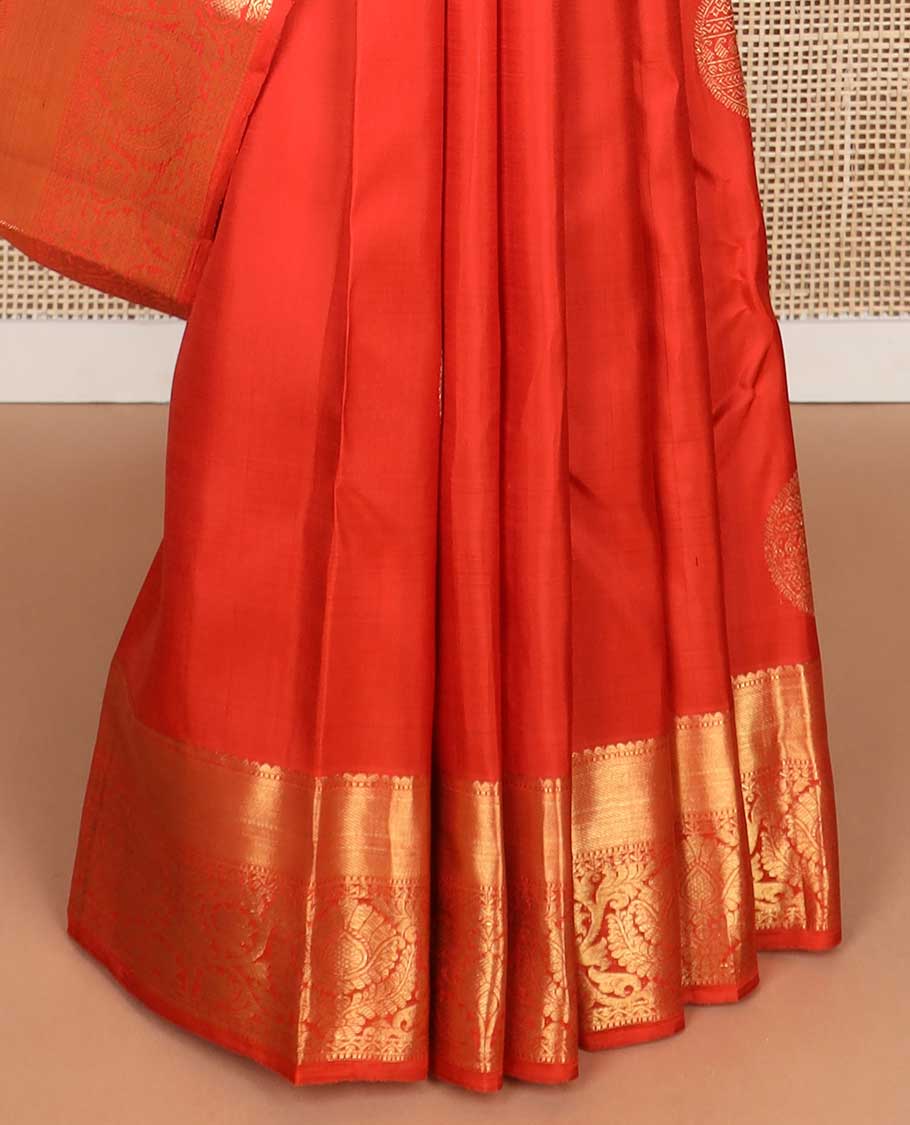 Red buttas kancheepuram silk saree with self border of rekku, banaras, kodi visiry design & jaal design pallu