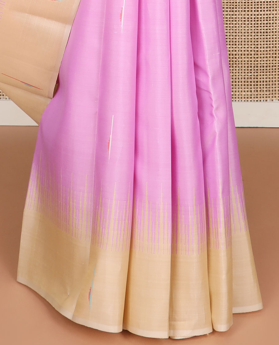 Pink geometric design kancheepuram silk saree with contrast temple border & striped pallu