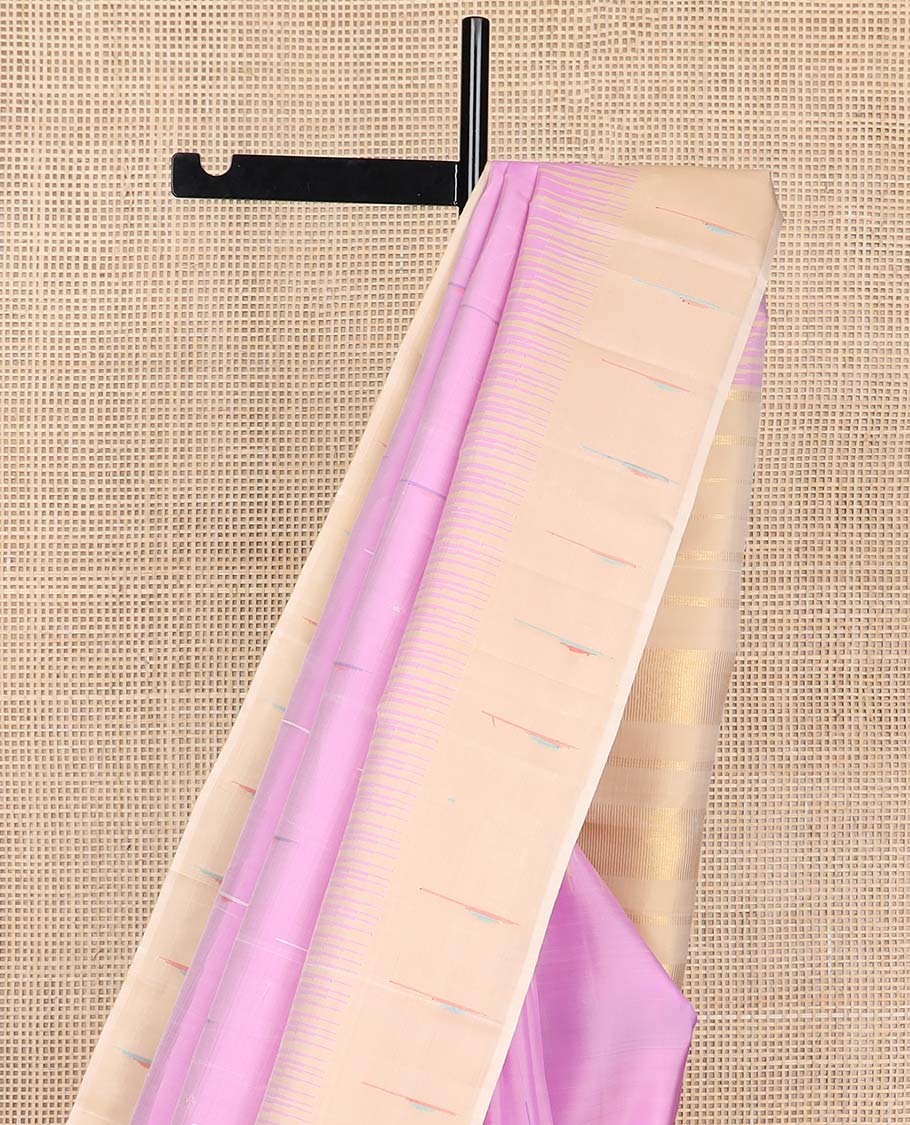 Pink geometric design kancheepuram silk saree with contrast temple border & striped pallu