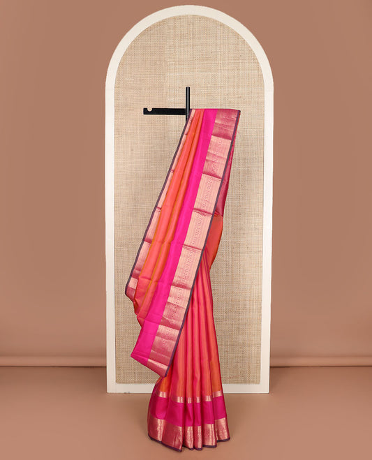 Orange plain Kanchipuram silk saree, contrast rettai pettu border of traditional zari designs & jaal pallu