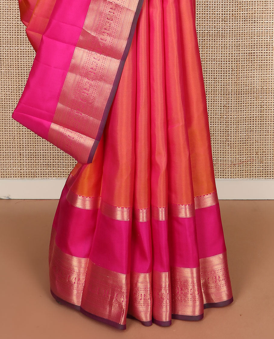 Orange plain Kanchipuram silk saree, contrast rettai pettu border of traditional zari designs & jaal pallu