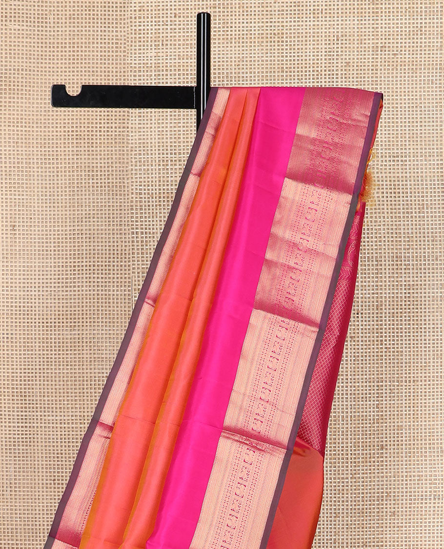 Orange plain Kanchipuram silk saree, contrast rettai pettu border of traditional zari designs & jaal pallu