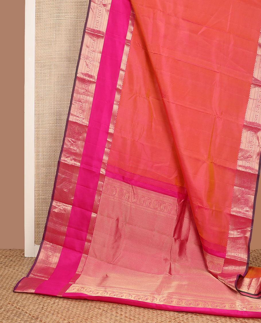 Orange plain Kanchipuram silk saree, contrast rettai pettu border of traditional zari designs & jaal pallu