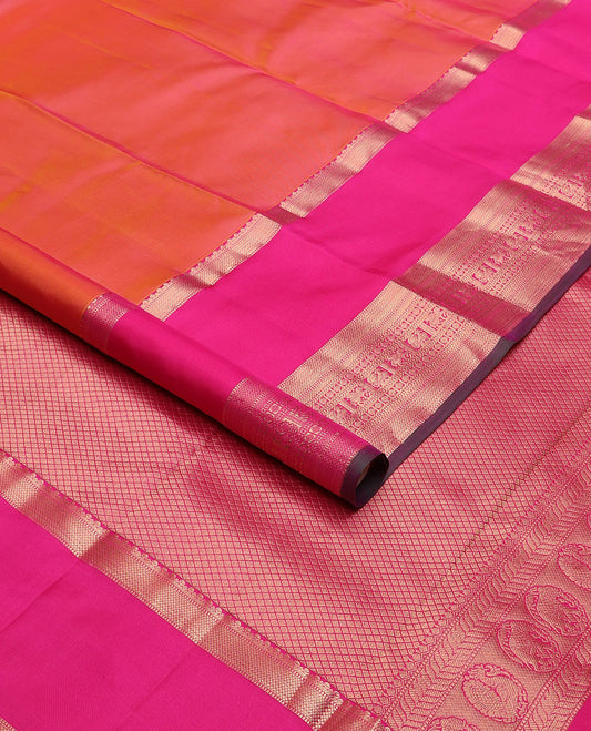 Orange plain Kanchipuram silk saree, contrast rettai pettu border of traditional zari designs & jaal pallu