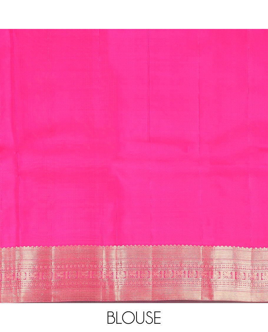 Orange plain Kanchipuram silk saree, contrast rettai pettu border of traditional zari designs & jaal pallu