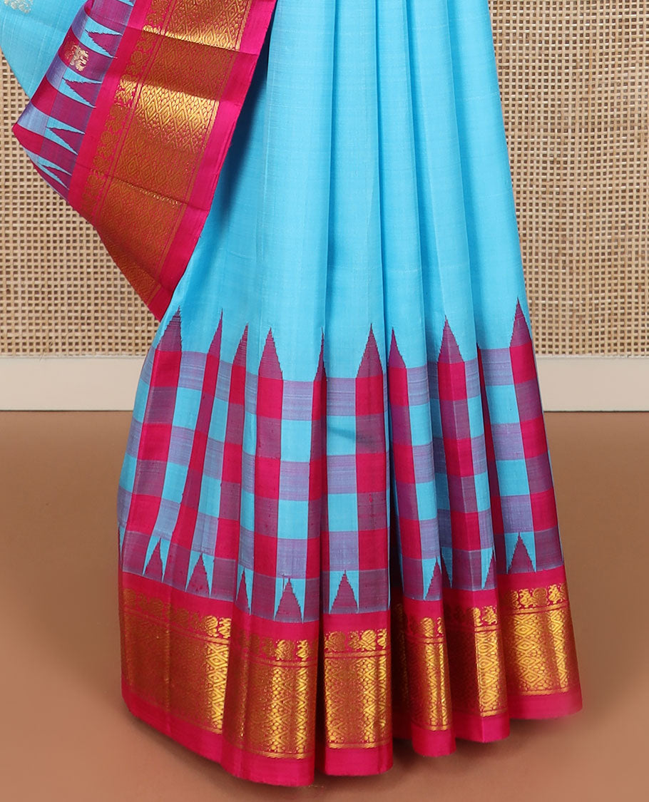 Blue zari buttas Kanchipuram silk saree, contrast thazampoo rekku border of mayil & jaal design & zari design pallu