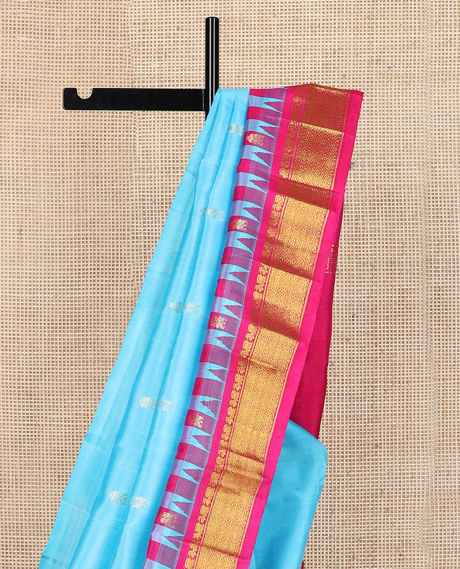 Blue zari buttas Kanchipuram silk saree, contrast thazampoo rekku border of mayil & jaal design & zari design pallu