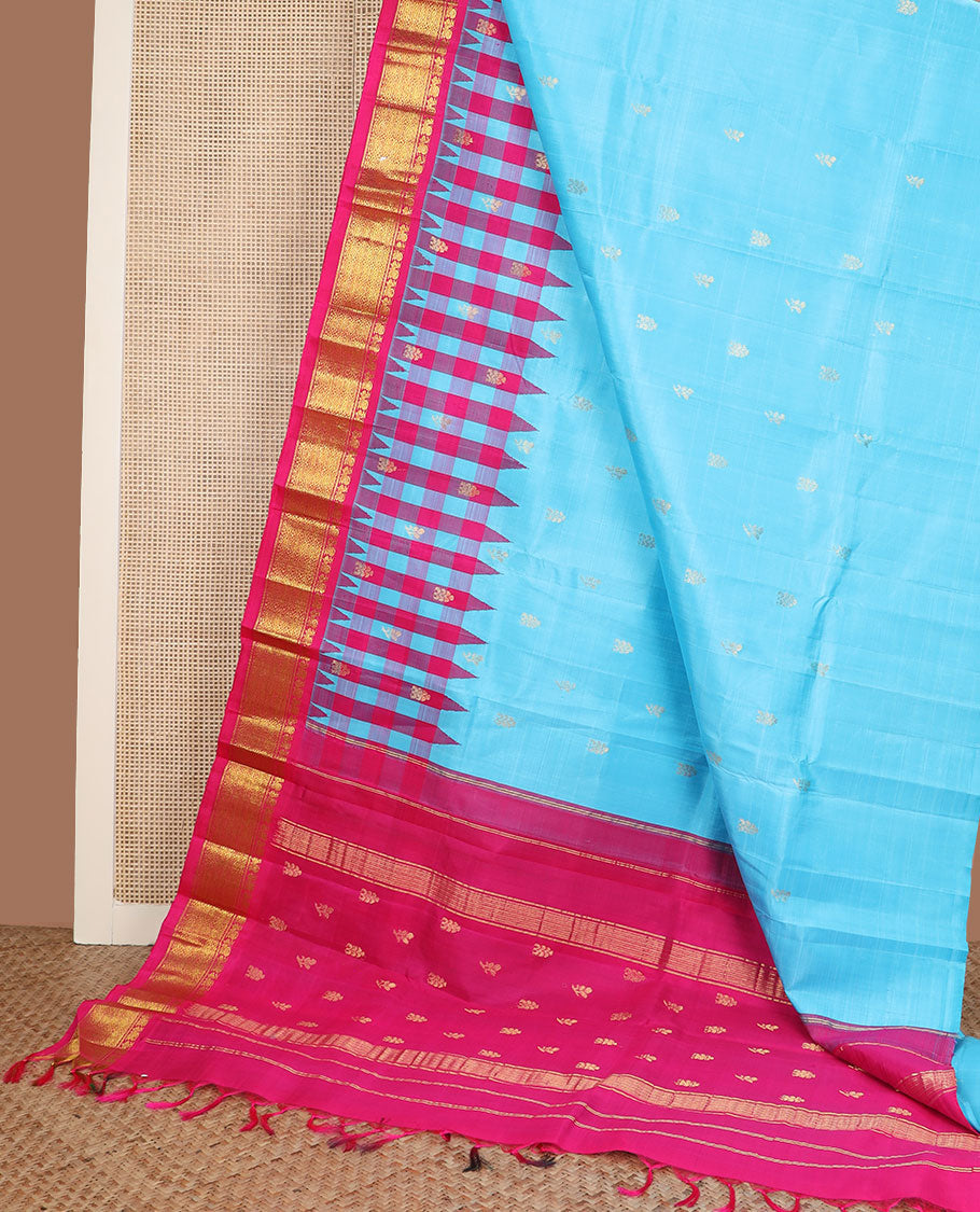 Blue zari buttas Kanchipuram silk saree, contrast thazampoo rekku border of mayil & jaal design & zari design pallu
