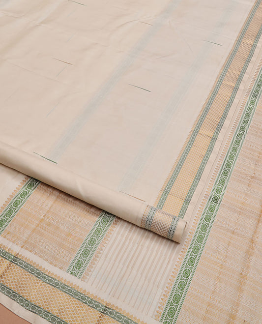 Cream malli mokku Kanchipuram silk saree, self-border of thilakam mokku, rudraksham, and mayil kann, and pallu of thilakam mokku, chakram, seppu rekku, and geometric patterns
